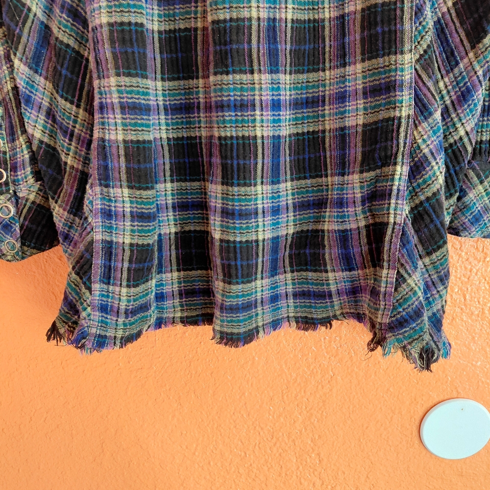 Free People Navy and Green Plaid Button-Down Shirt - Picture 10 of 16